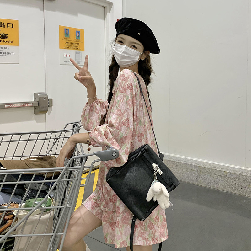 法式茶歇碎花灯笼袖上衣套装女2025夏季新款显瘦阔腿短裤子两件套,女装套装/套裙,2D044
