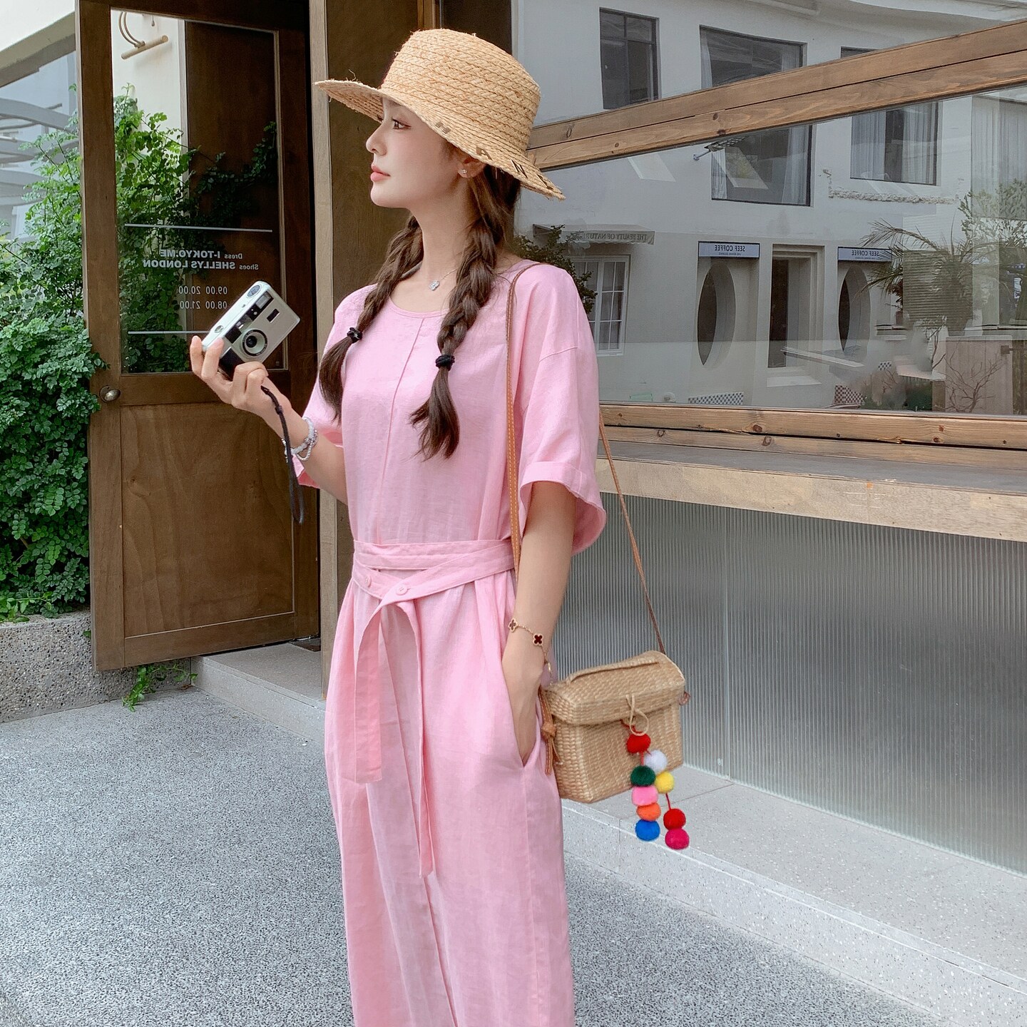 粉色收腰显瘦气质桔梗a字裙夏季新款温柔风休闲别致连衣裙女长款,女装连衣裙,2C016