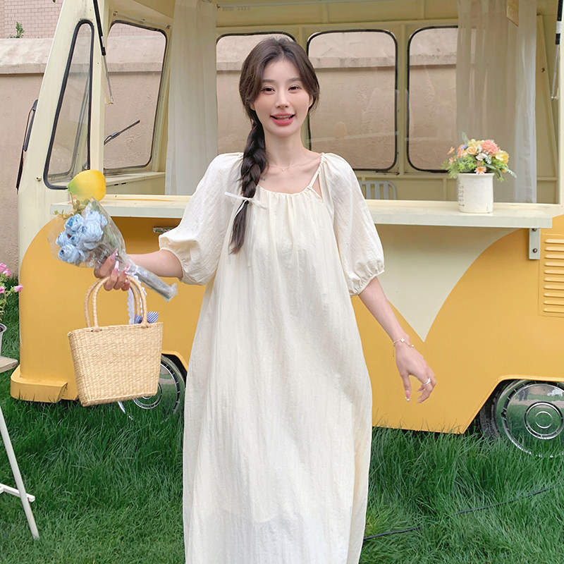 米白色甜美气质连衣裙女2024年夏季新款收腰显瘦小众法式初恋长裙,女装连衣裙,2C058