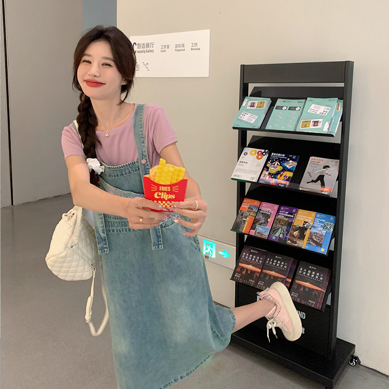 港风复古牛仔背带连衣裙女夏新款可盐可甜宽松显瘦开叉学生长裙图片