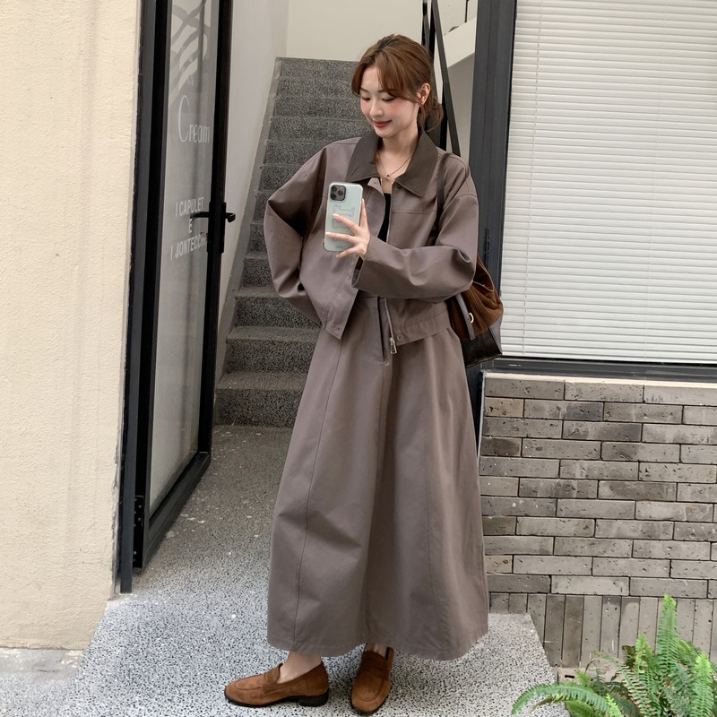 撞色拼接咖色上衣半身裙套装女春秋ootd减龄流行爆款巨好看两件套,女装套装/套裙,2D013