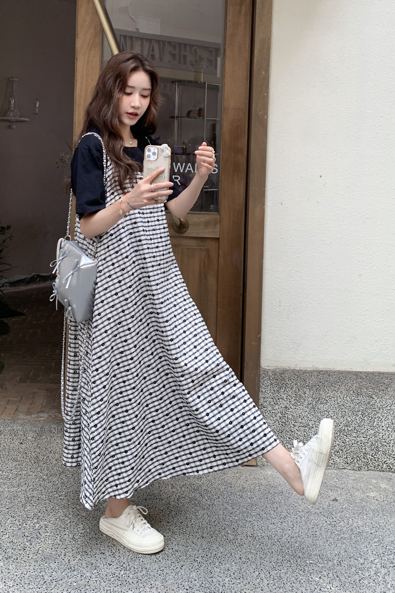 休闲吊带格子连衣裙T恤两件套女2025夏季新款宽松显瘦裙子套装,女装连衣裙,2C275