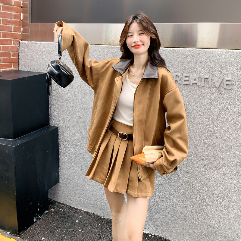 美拉德复古套装女2025秋季新款甜酷风设计感拼接外套百褶裙两件套图片