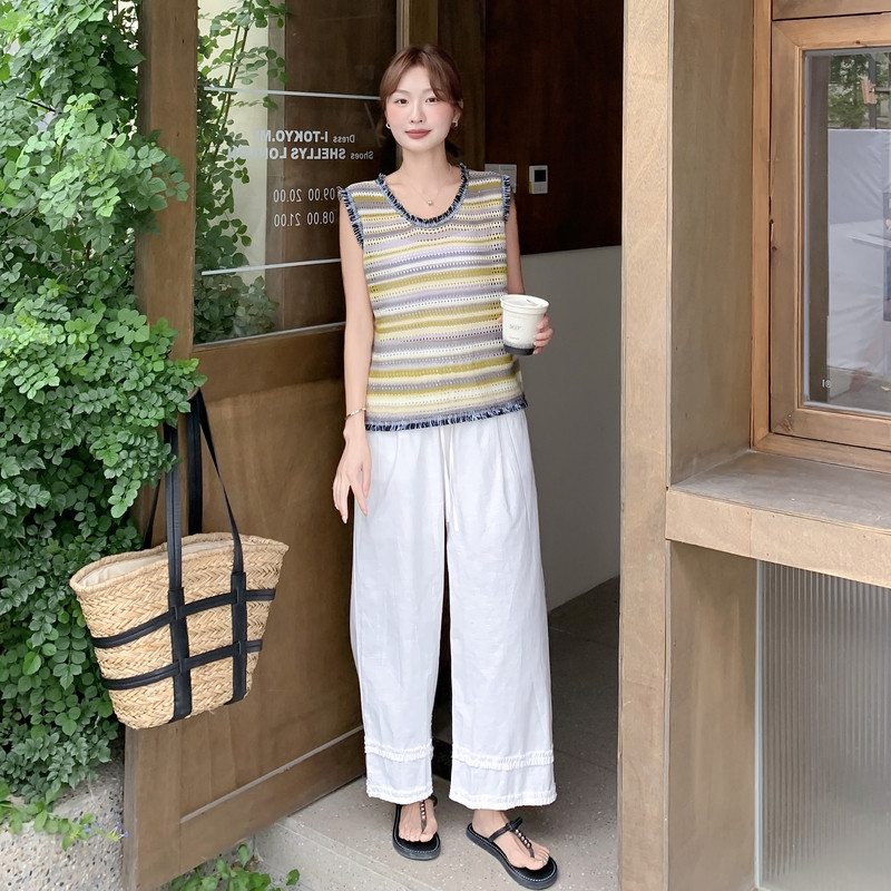 松紧腰木耳边拼接休闲阔腿裤女夏2025新款宽松显瘦棉麻直筒九分裤,女装套装/套裙,2C135