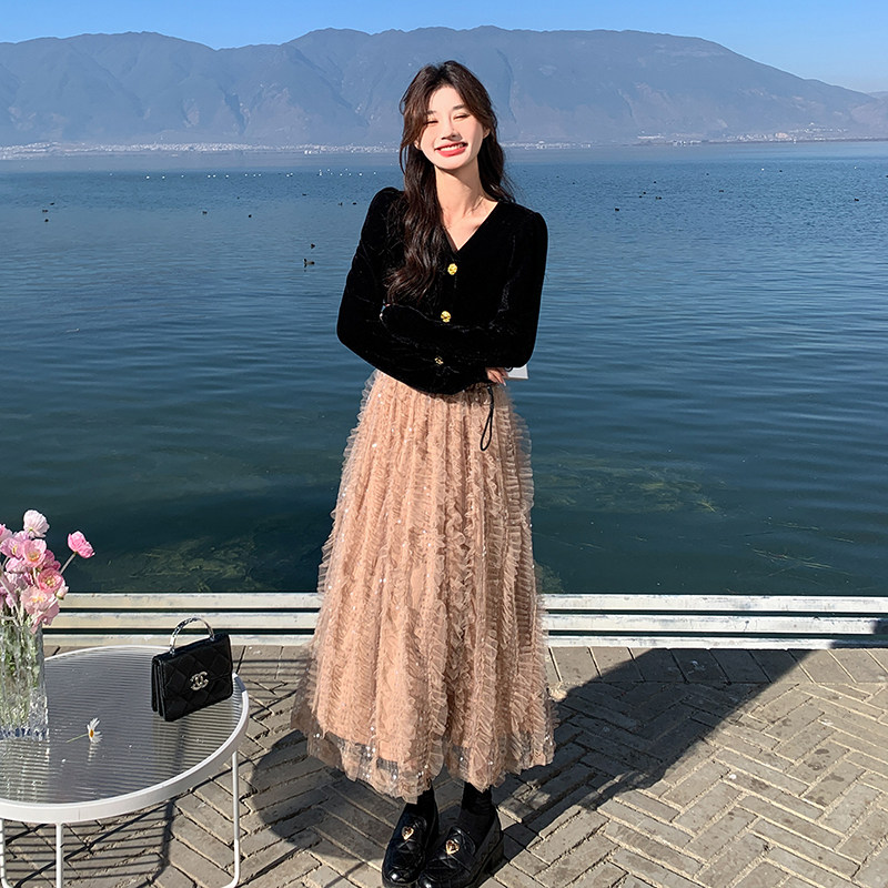现货黑金派对金丝绒+木耳边蕾丝亮片半裙套装8802-P145-K218,女装连衣裙,2C122