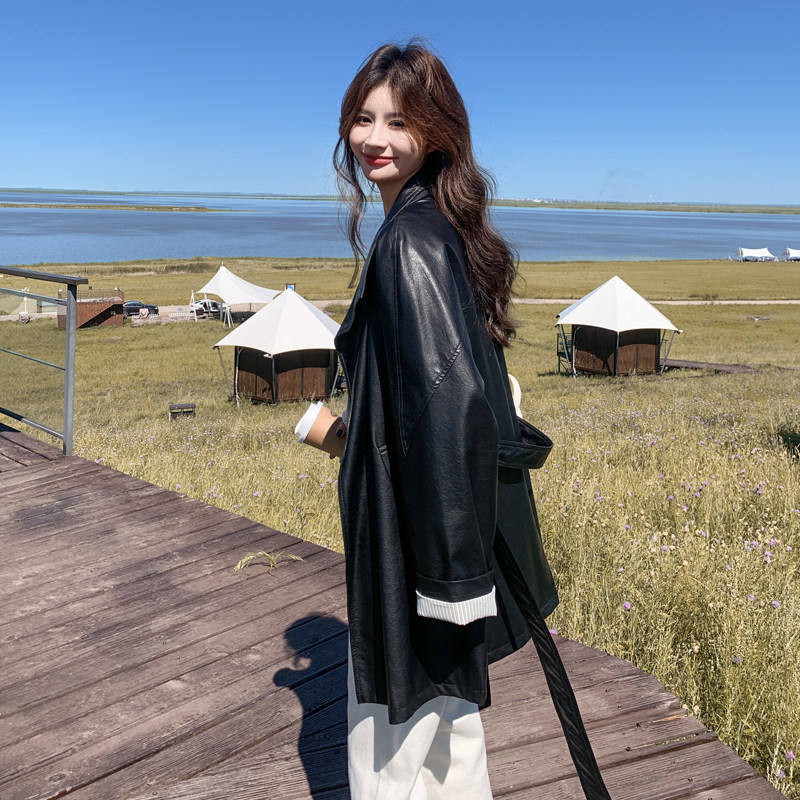 减龄系带条纹拼接西装黑色皮衣外套女春秋2025新款PU夹克大方得体,女装皮衣,2C092
