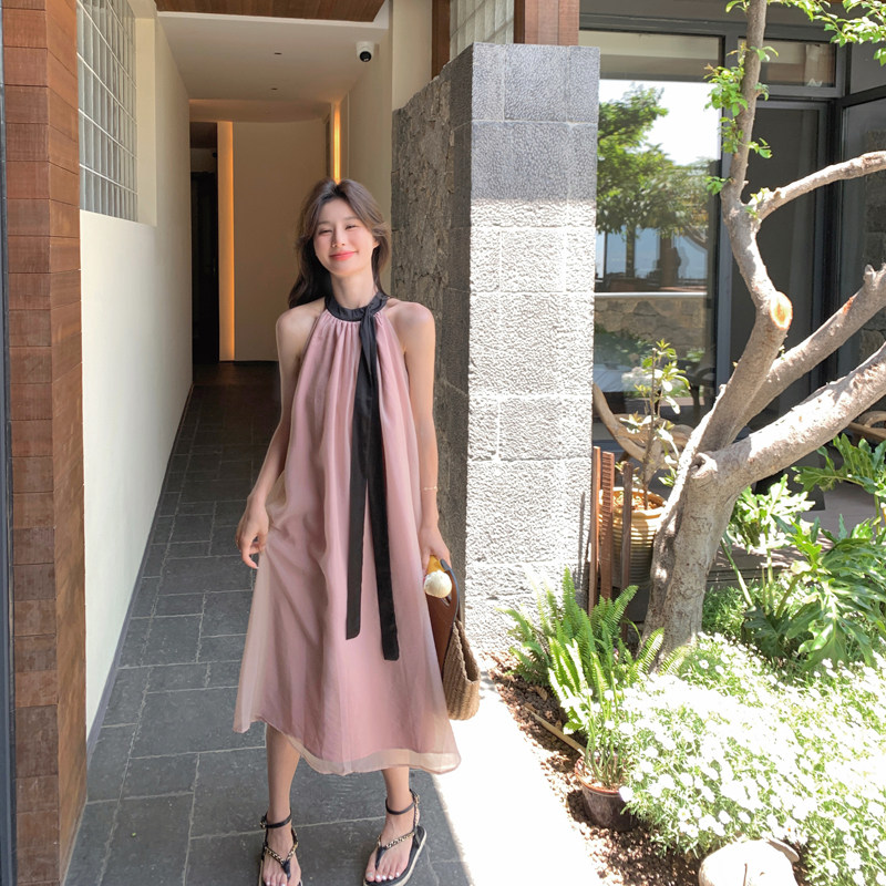 粉色无袖挂脖连衣裙女2025夏季新款法式温柔风气质减龄绝美仙女裙,女装连衣裙,2C050