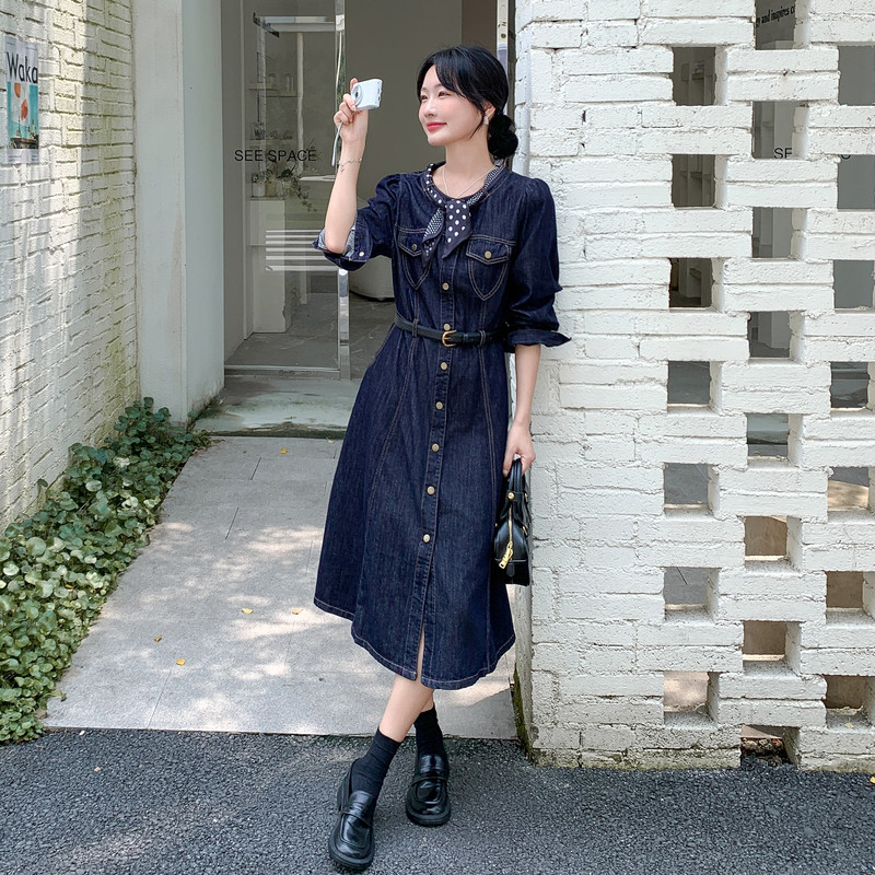 韩系复古高级感牛仔连衣裙女2025秋季新款通勤气质收腰显瘦中长裙,女装连衣裙,2C177