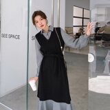 法式气质假两件衬衫连衣裙女2025春秋季新款韩版收腰显瘦盐系长裙，女装连衣裙，2C018