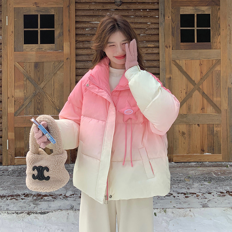 韩版减龄粉色渐变短款羽绒服女2025年冬季新款加厚显瘦白鸭绒外套,女装羽绒服,2C218