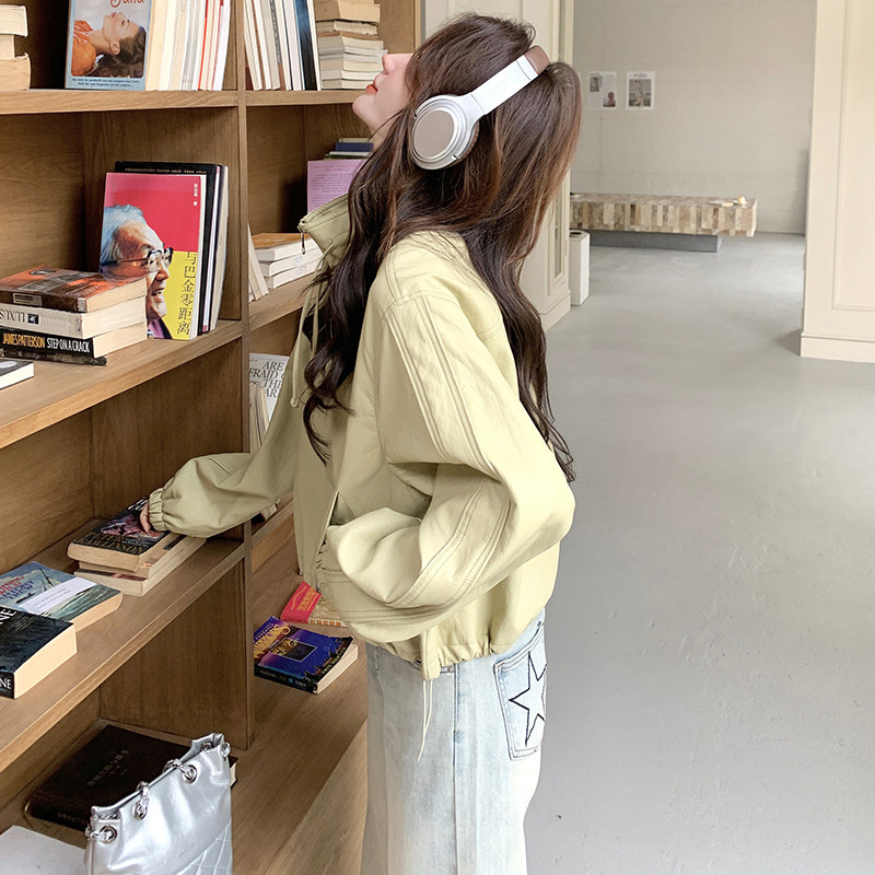 黄色设计感超好看PU皮外套女短款2025春新款休闲洋气抽绳宽松夹克,女装皮衣,2C218