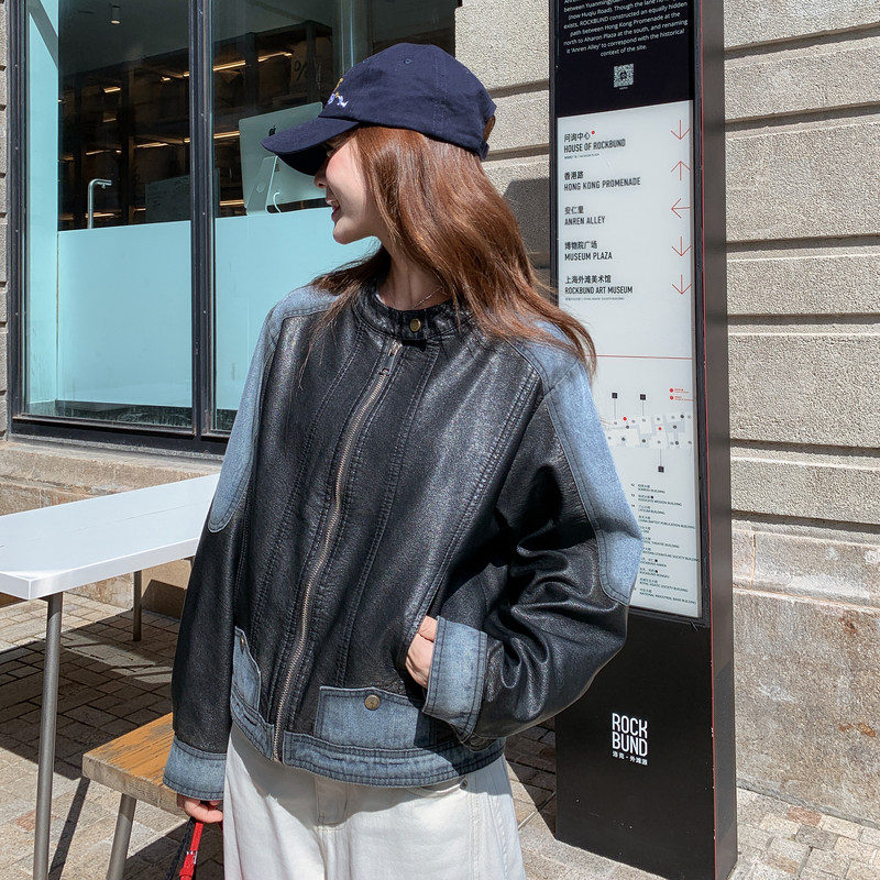 牛仔拼接机车皮衣夹克女2025秋季新款美式复古酷飒小个子短款外套,女装短外套,2C291