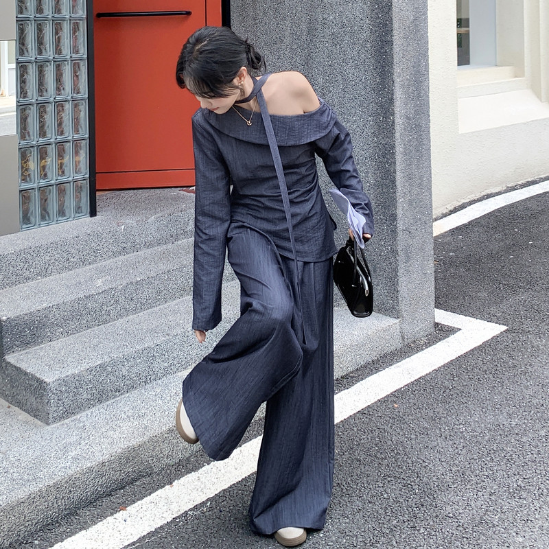 气质飘带露肩上衣休闲裤套装女秋2025新款大方得体流行超火两件套,女装套装/套裙,2C159
