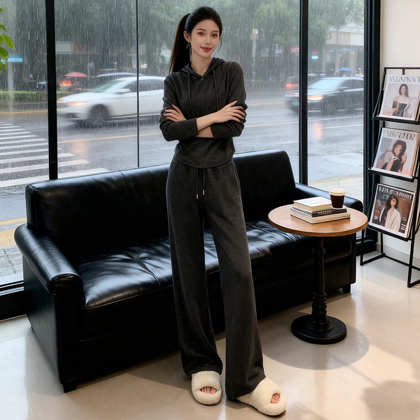 欧货休闲运动套装女春新款洋气显瘦连帽开衫卫衣高腰阔腿裤两件套图片