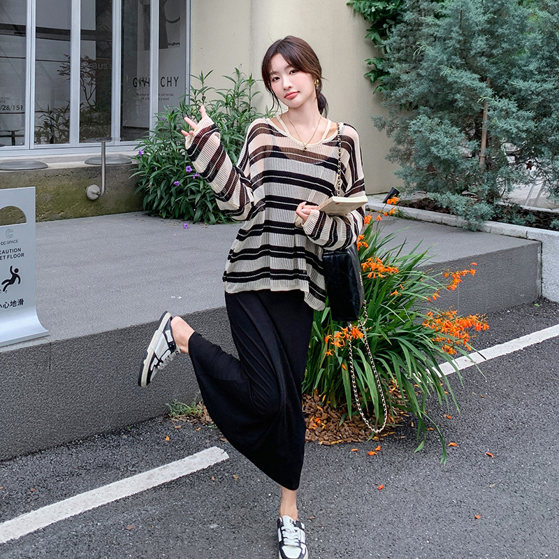 轻熟风条纹套装连衣裙女夏小众超好看气质条纹罩衫吊带裙两件套,女装套装/套裙,2C166
