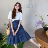 氛围感格纹拼接荷叶边连衣裙女2025夏季日系文艺风减龄气质中长裙，女装连衣裙，2C325