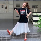 甜美休闲网纱拼接黑色T恤连衣裙女夏2025新款今年流行爆款长裙子，女装连衣裙，2C115