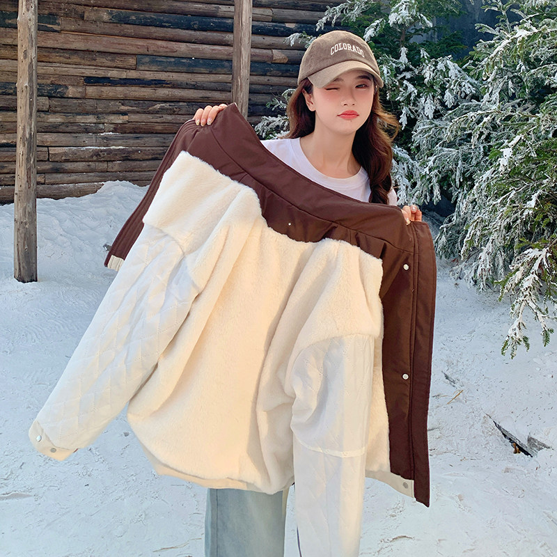 独特超好看红白撞色短款工装派克服加绒加厚女生棉服冲锋衣外套冬,女装派克服,2C218