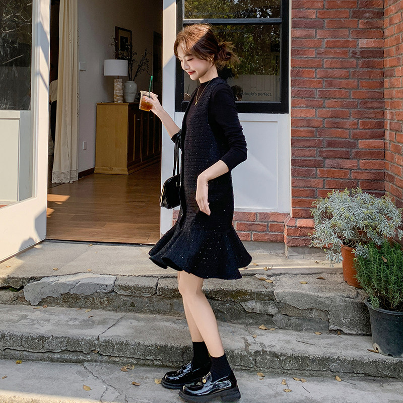 亮丝拼接小香风连衣裙女2025春秋季新款高级感名媛显瘦无袖背心裙,女装连衣裙,2C088