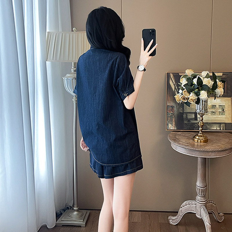 个性简约夏季新款套装女高级感时尚洋气蓝色短袖衬衫短裤两件套潮,女装套装/套裙,2C310