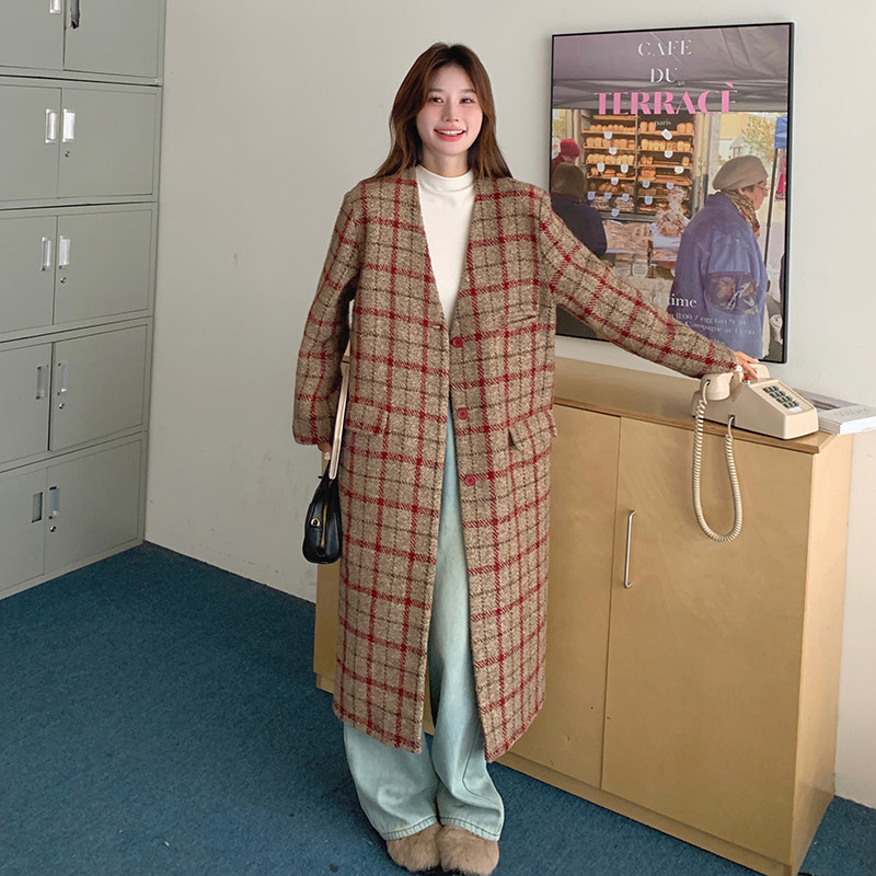 红色格纹毛呢大衣女中长款冬季新款复古英伦风高级感加厚呢子外套,女装毛呢外套,2C203