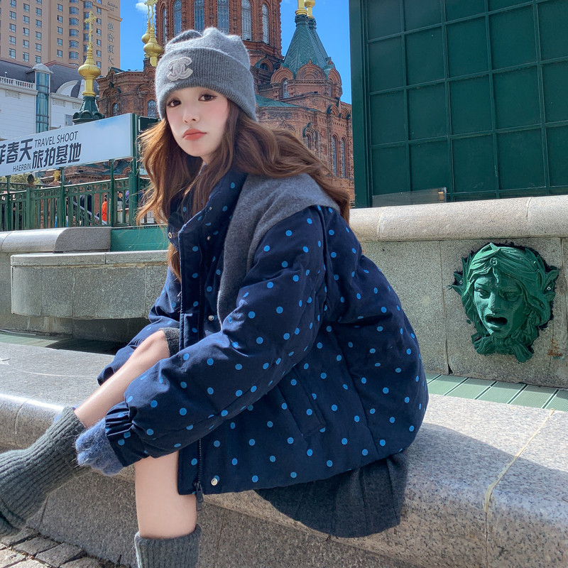 藏青色波点披肩立领白鸭绒羽绒服女冬新款小个子加厚减龄短款外套,女装羽绒服,2C321