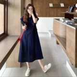 藏蓝色刺绣抽绳收腰衬衫连衣裙女2025年夏季新款小个子气质长裙子，女装连衣裙，2C258