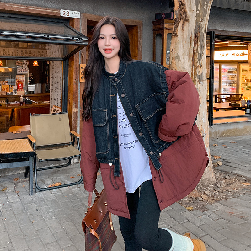 档口现货牛仔拼接安可拉红夹棉棉服假两件套2C233-8859-P205-K289,女装棉衣/棉服,2C233