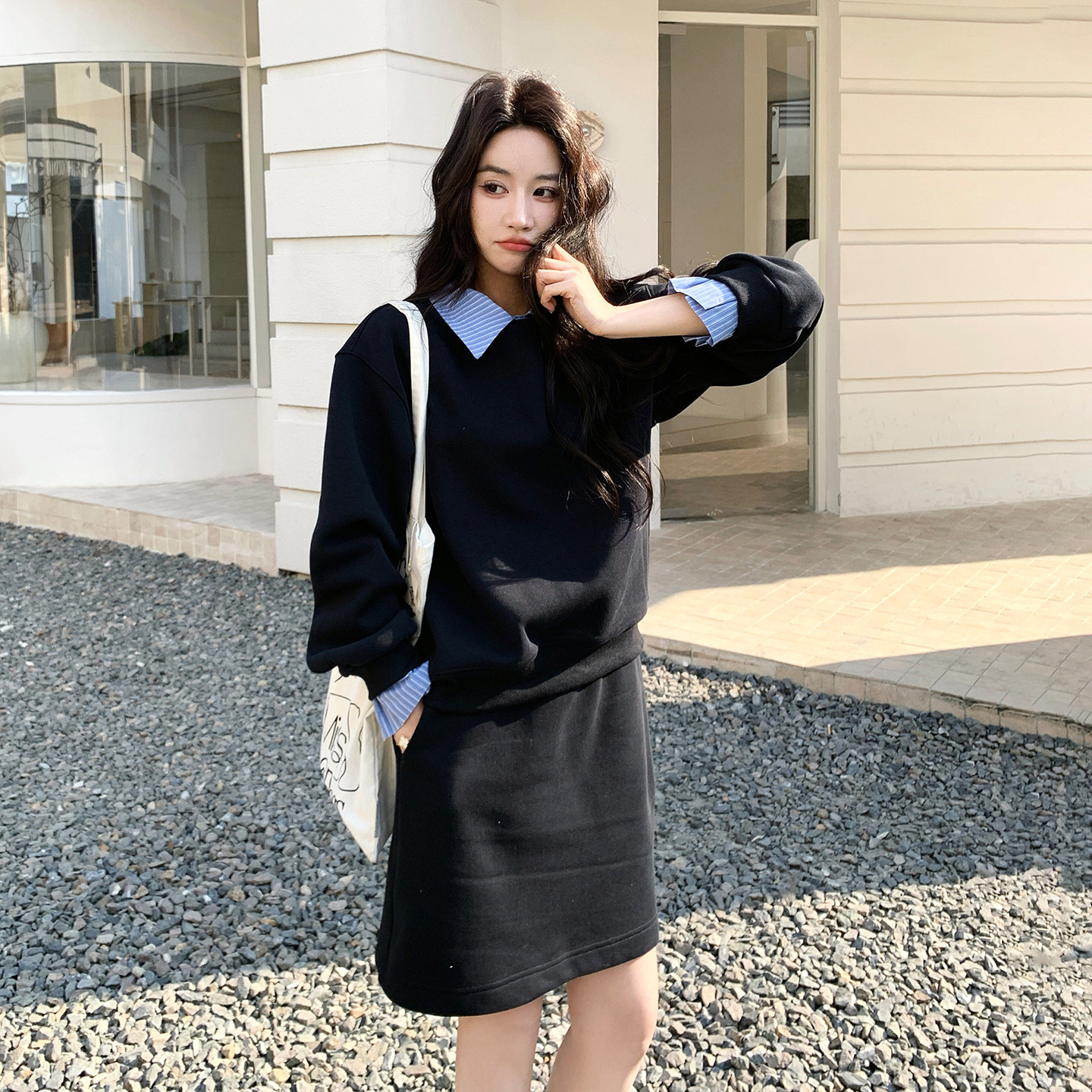 新款拼接POLO领假两件卫衣加绒加厚半身裙两件套女装,女装套装/套裙,2B142