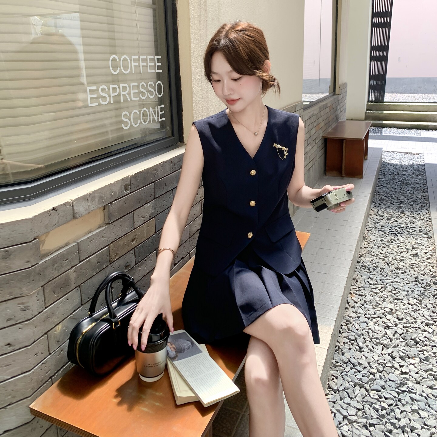 学院风深蓝色V领西装马甲套装女2025夏季新款小个子百褶裙两件套,女装套装/套裙,2C098