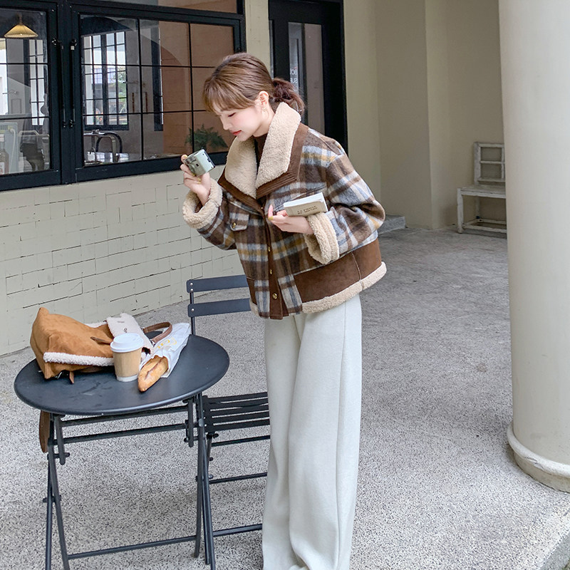 格子羊羔毛呢拼接羽绒服外套女秋冬2025新款加厚流行爆款小个子,女装羽绒服,2C159