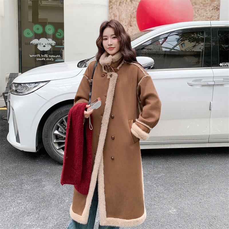 【新品】麂皮绒皮毛一体羊羔毛长款外套女5156-P225-K338,女装皮草,2C126