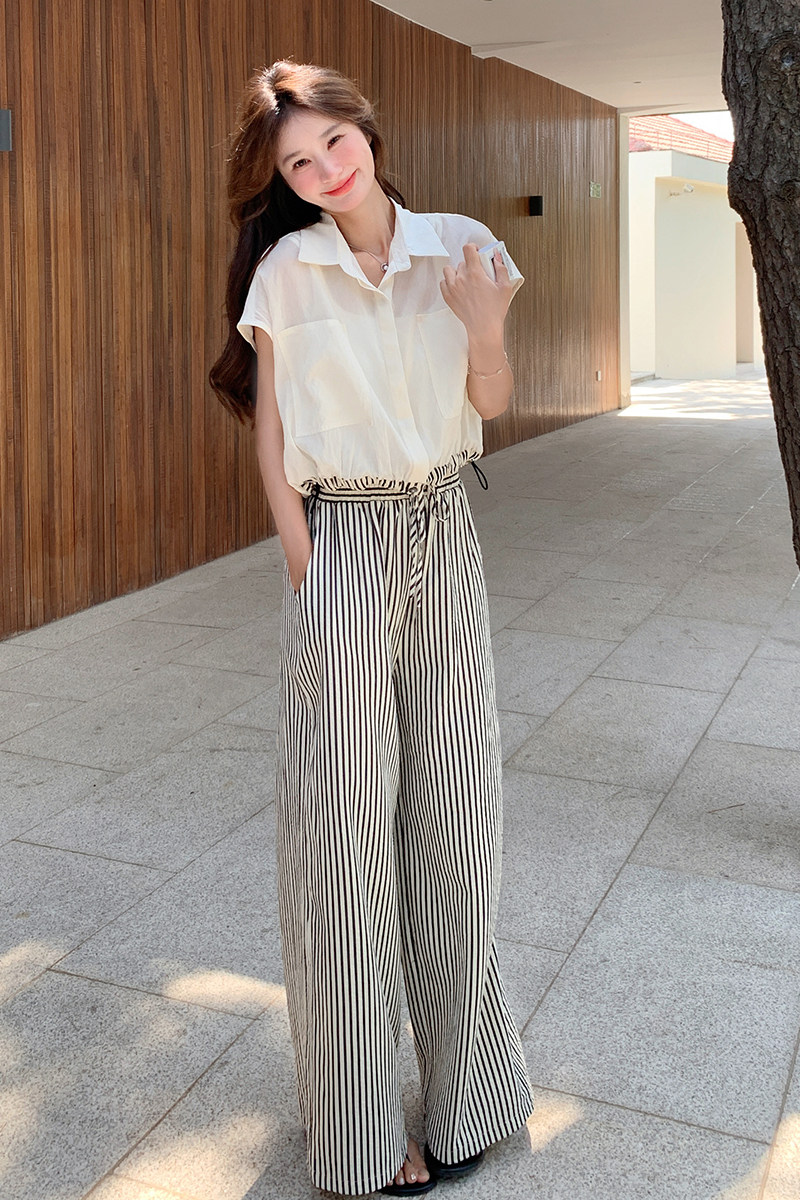 法式气质薄款衬衫马甲套装女2025夏季新款显瘦条纹阔腿长裤两件套,女装套装/套裙,2C135
