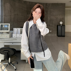 灰色小香风针织马甲套装女春季小个子气质减龄衬衫两件套图片