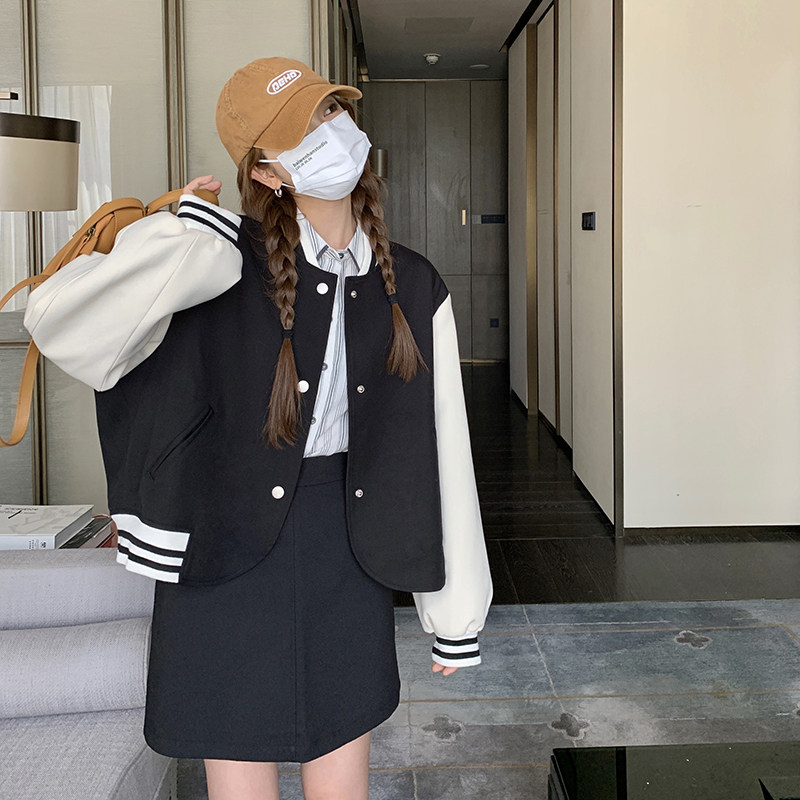 新品现货拼色棒球服外套+半身裙裙裤两件套196-P165控228,女装套装/套裙,2C075