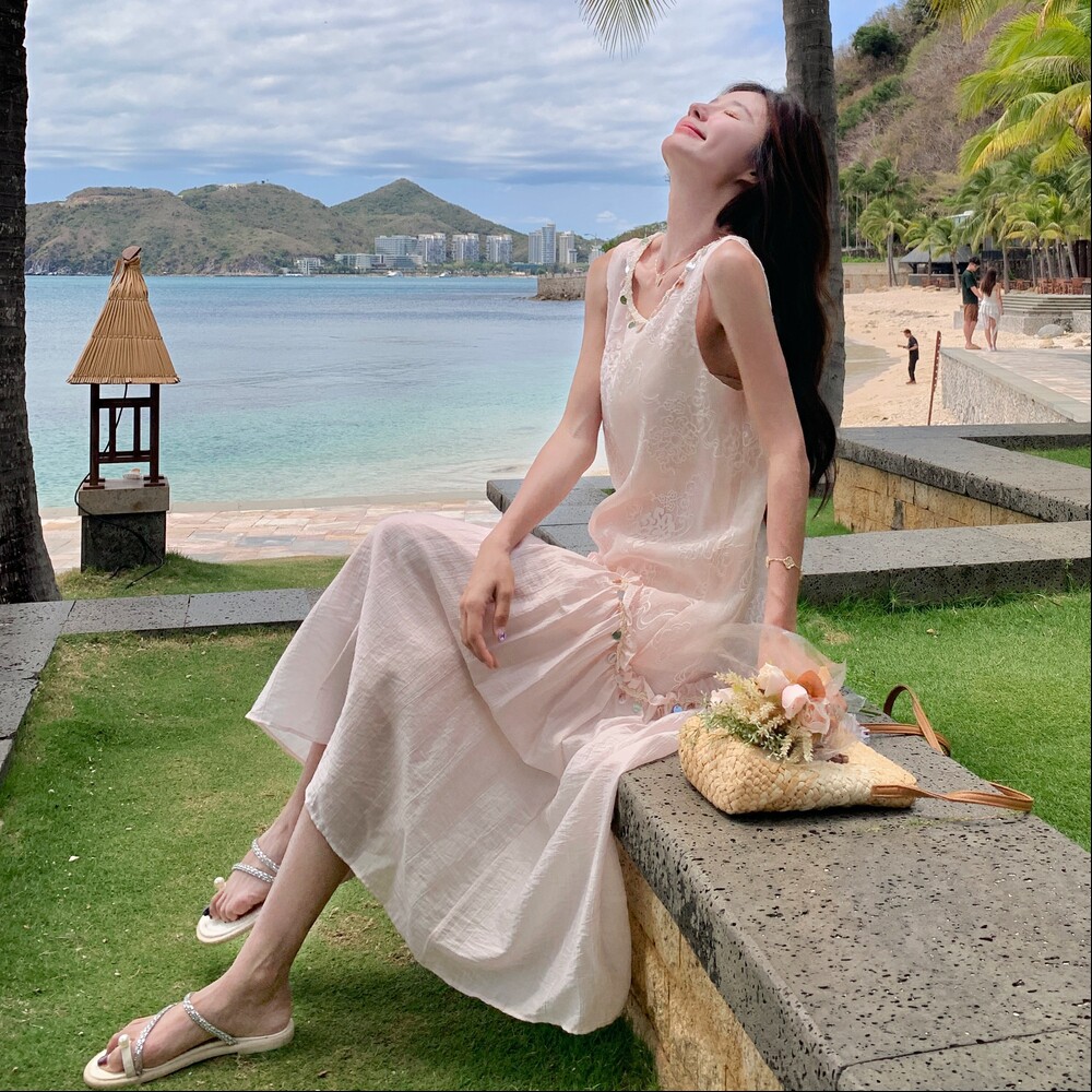现货主推！蕾丝拼接粉色连衣裙带亮片2025夏季新款裙子P135K188,女装连衣裙,2C320