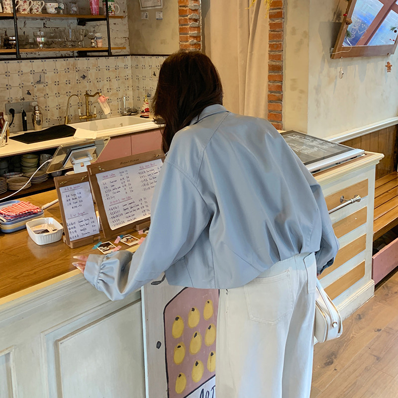 蓝色短款皮衣外套女2025春季新款韩系超火减龄小个子机车夹克上衣,女装短外套,2C022