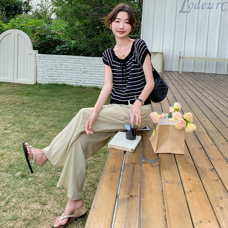 现货！韩系女条纹针织上衣直筒阔腿裤两件套5075P125K178,女装套装/套裙,2C166