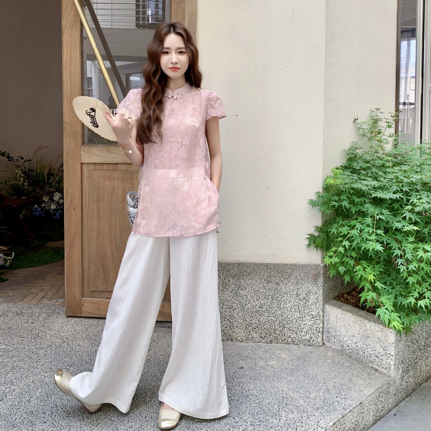 新中式国风套装女2025夏季新款时尚盘扣立领衬衫阔腿裤两件套潮图片
