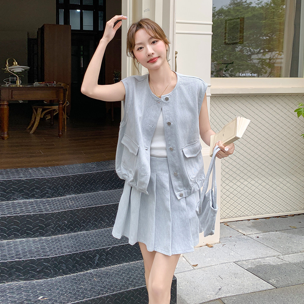 现:夏装新款法式复古马甲上衣＋百褶裙三件套2C135-6898P145K218,女装套装/套裙,2C135