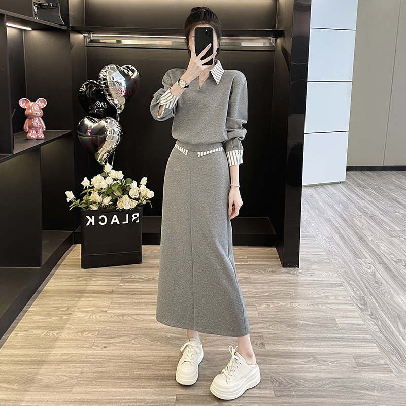 韩版假两件卫衣高腰显瘦半身裙套装潮,女装套装/套裙,2C310