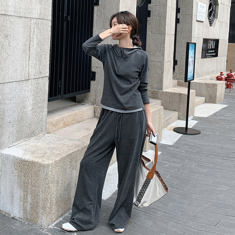 灰色休闲套装女2025新款春秋穿搭一整套减龄显瘦垂感阔腿裤两件套,女装套装/套裙,安在秀