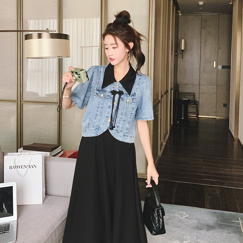 【原209】中古风盘扣短袖牛仔+黑裙套装9603-P145K198,女装套装/套裙,2C069