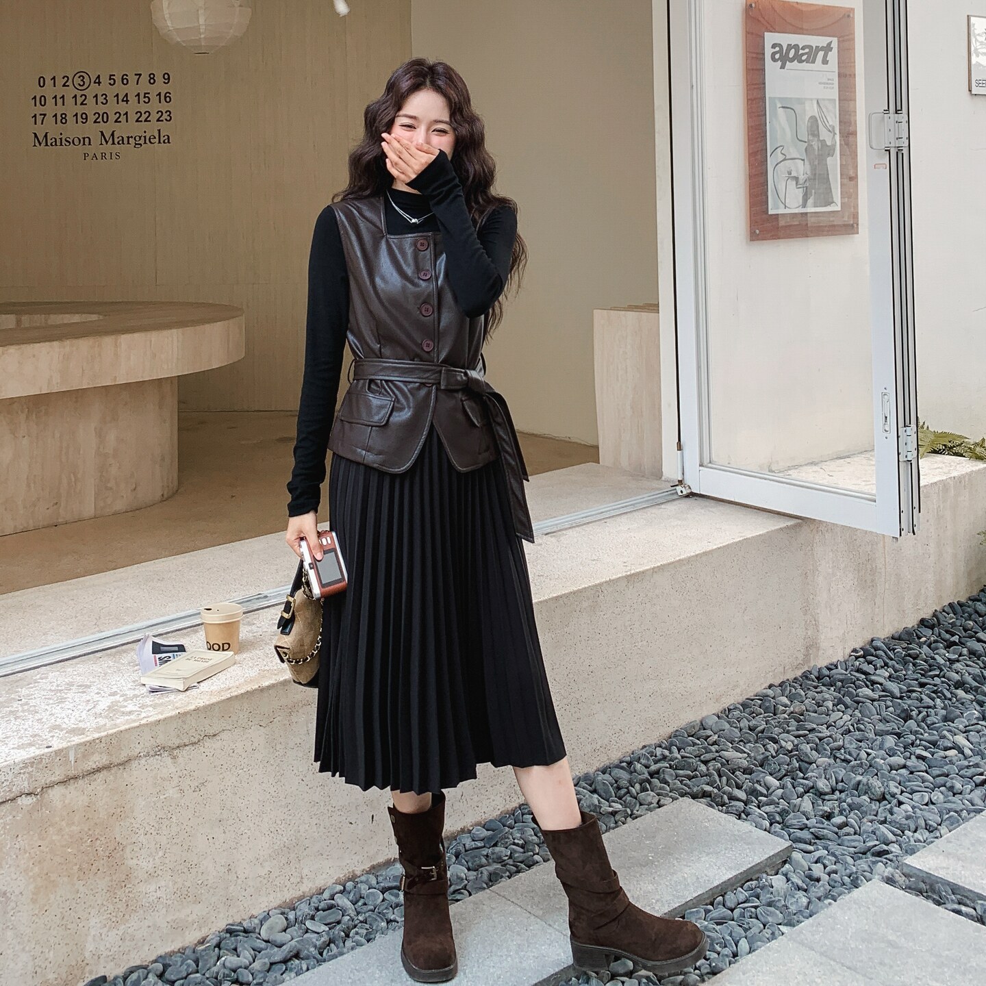 巨好看漂亮温柔风百褶连衣裙套装女2025年秋季新款皮衣马甲两件套,女装套装/套裙,2D036