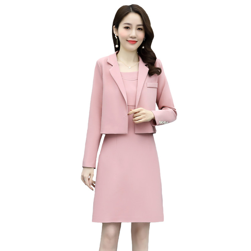 杏色西装套装女春季2026新外套背心连衣裙两件套,女装套装/套裙,自然秀