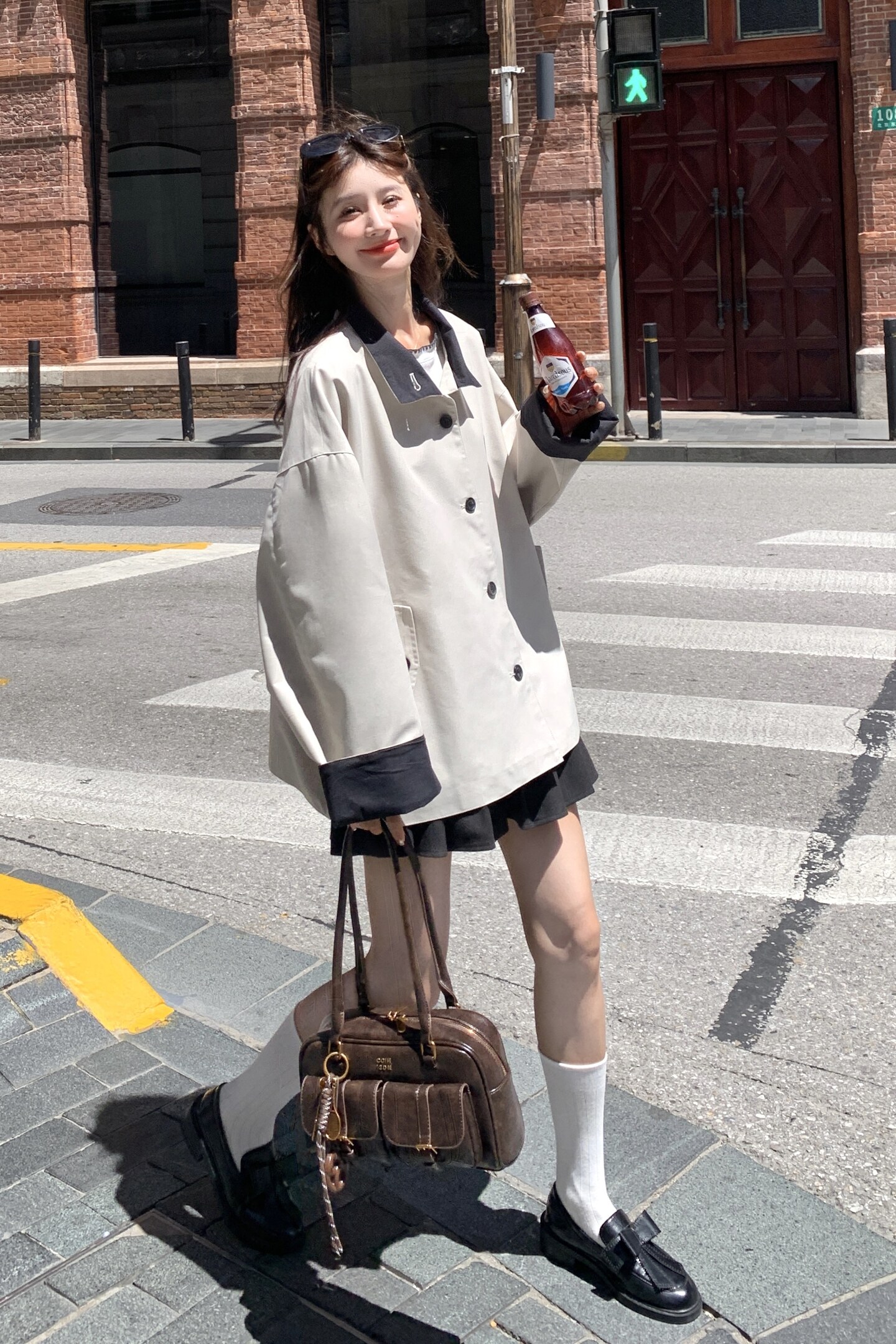 米白色韩版宽松显瘦拼接风衣女2025秋季新款小个子休闲风百搭外套,女装风衣,2C159