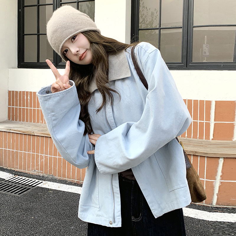 蓝色休闲工装外套女2025春季新款韩版设计感小个子超好看短款夹克,女装短外套,2C086