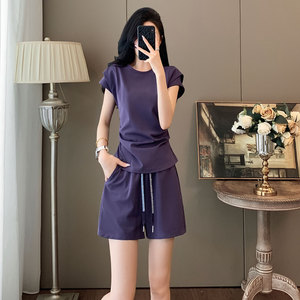 气质小众时尚休闲套装女夏季新款纯色圆领短袖上衣抽绳短裤两件套图片