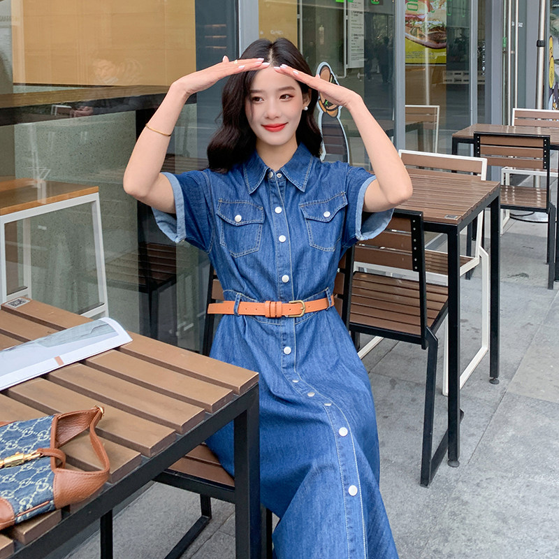 薄款收腰牛仔连衣裙女夏2024新款高级感法式收腰港味复古长裙轻熟,女装连衣裙,2C022