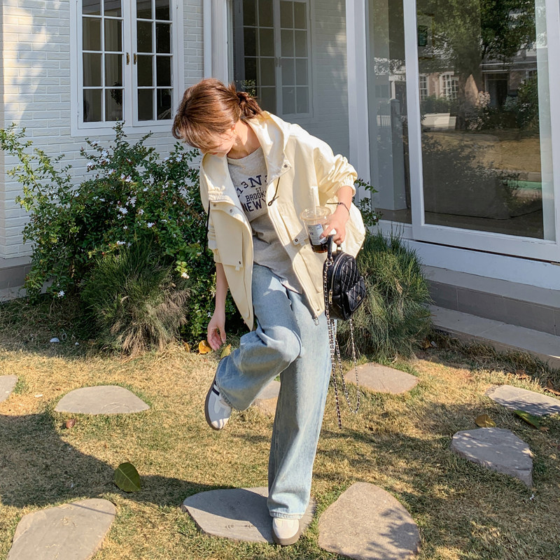 米白色小个子连帽外套女2025春季新款韩系休闲风宽松减龄短款上衣,女装短外套,2C266